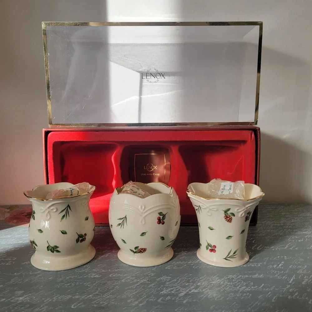 Lenox Holiday Votives Set of 3 Holly Leaves & Berries Christmas Seasonal Classic